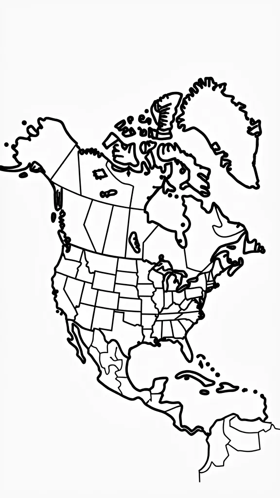 Página para colorear del mapa de América del Norte